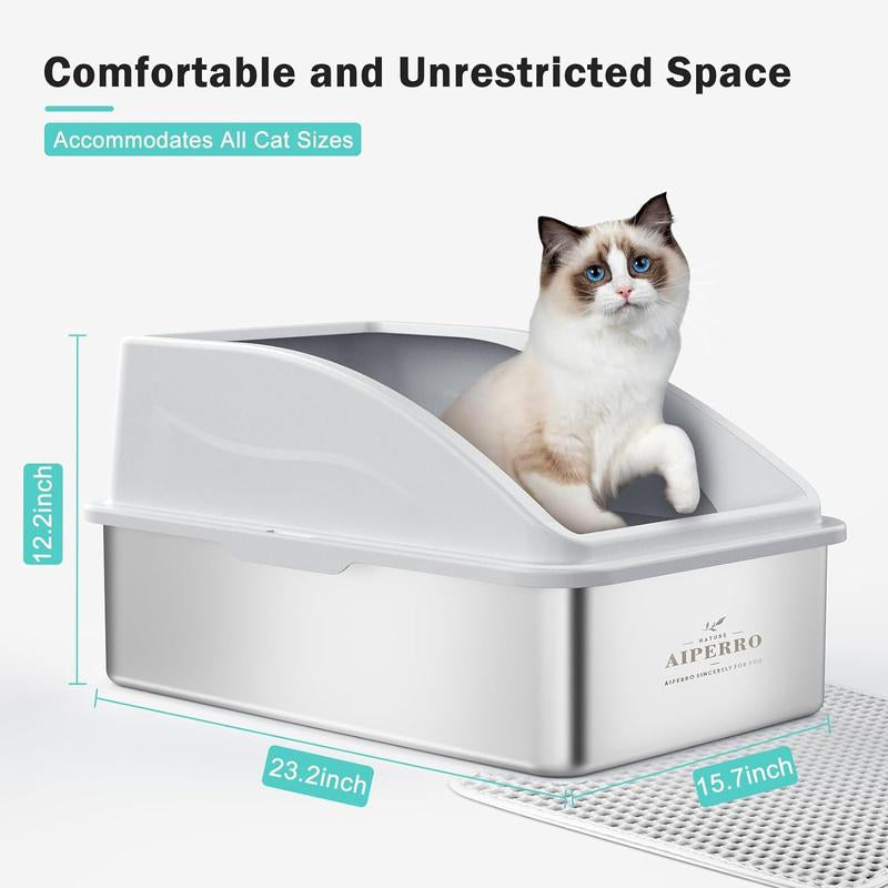 AIPERRO Enclosed Stainless Cat Litter Box,Xl,With Lid, Includes Cat Mat & All-Metal Litter Scoop, Anti-Urine Leakage,Pet Clean Supplies,Cat Stuff Outdoorfun Cat Litter Box Stainless Steel Litter Box Self Cleaning Litter Box