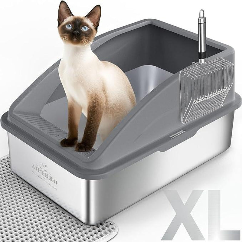 AIPERRO Enclosed Stainless Cat Litter Box,Xl,With Lid, Includes Cat Mat & All-Metal Litter Scoop, Anti-Urine Leakage,Pet Clean Supplies,Cat Stuff Outdoorfun Cat Litter Box Stainless Steel Litter Box Self Cleaning Litter Box