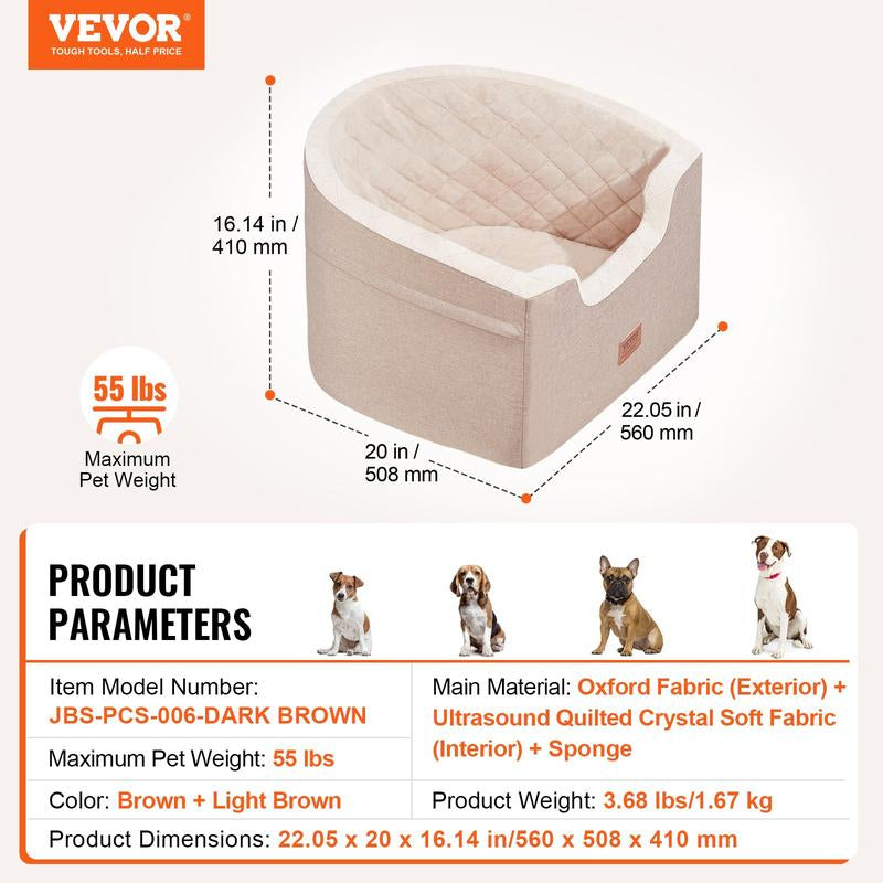 VEVOR Dog Car Seat, Waterproof Dog Booster Seat for Car with a Storage Pocket, Clip-On Safety Leash and Sponge Filling, Dog Car Bed for Small & Medium Dog up to 55Lbs, Gray