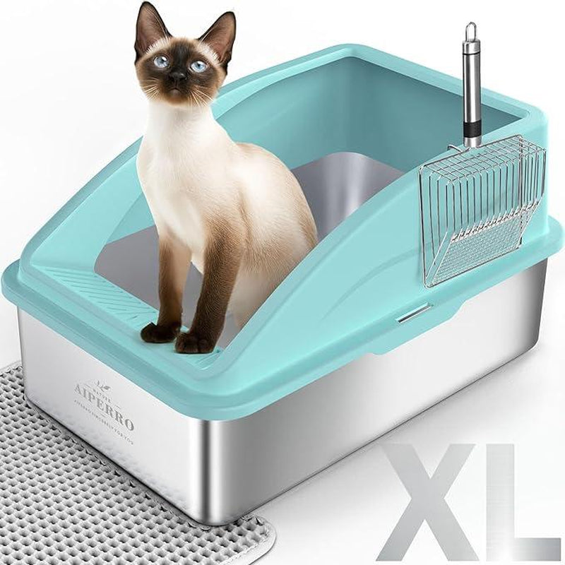AIPERRO Enclosed Stainless Cat Litter Box,Xl,With Lid, Includes Cat Mat & All-Metal Litter Scoop, Anti-Urine Leakage,Pet Clean Supplies,Cat Stuff Outdoorfun Cat Litter Box Stainless Steel Litter Box Self Cleaning Litter Box