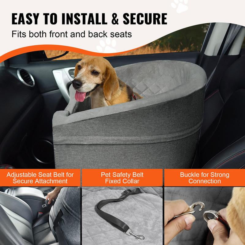 VEVOR Dog Car Seat, Waterproof Dog Booster Seat for Car with a Storage Pocket, Clip-On Safety Leash and Sponge Filling, Dog Car Bed for Small & Medium Dog up to 55Lbs, Gray