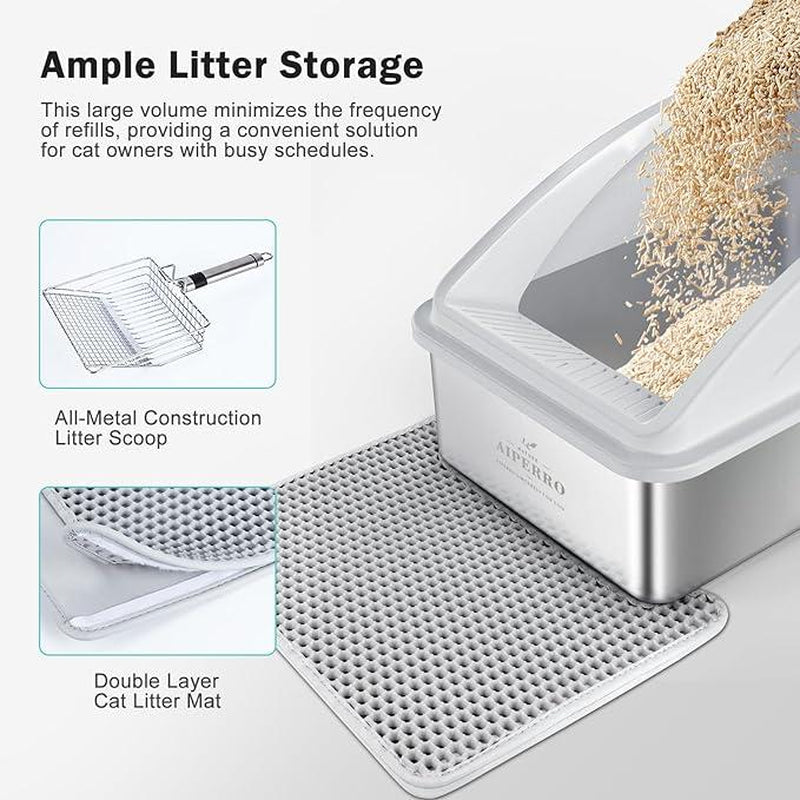 AIPERRO Enclosed Stainless Cat Litter Box,Xl,With Lid, Includes Cat Mat & All-Metal Litter Scoop, Anti-Urine Leakage,Pet Clean Supplies,Cat Stuff Outdoorfun Cat Litter Box Stainless Steel Litter Box Self Cleaning Litter Box