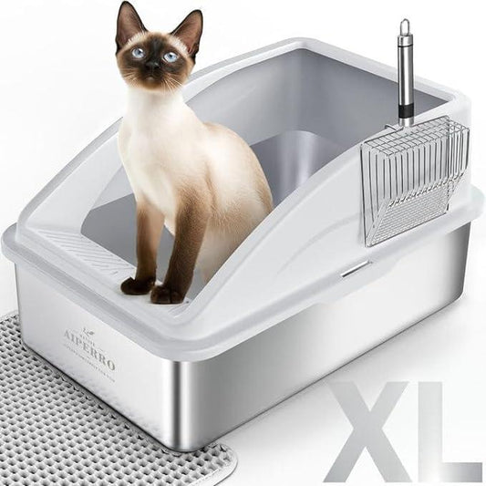 AIPERRO Enclosed Stainless Cat Litter Box,Xl,With Lid, Includes Cat Mat & All-Metal Litter Scoop, Anti-Urine Leakage,Pet Clean Supplies,Cat Stuff Outdoorfun Cat Litter Box Stainless Steel Litter Box Self Cleaning Litter Box