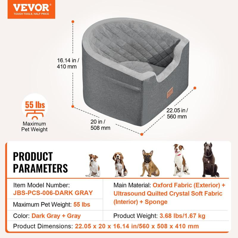 VEVOR Dog Car Seat, Waterproof Dog Booster Seat for Car with a Storage Pocket, Clip-On Safety Leash and Sponge Filling, Dog Car Bed for Small & Medium Dog up to 55Lbs, Gray