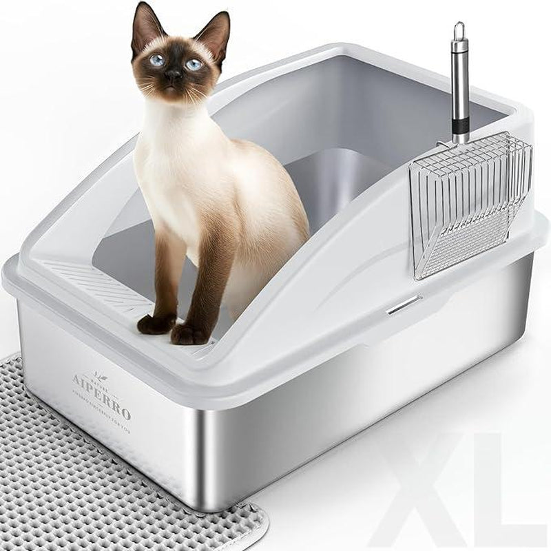 AIPERRO Enclosed Stainless Cat Litter Box,Xl,With Lid, Includes Cat Mat & All-Metal Litter Scoop, Anti-Urine Leakage,Pet Clean Supplies,Cat Stuff Outdoorfun Cat Litter Box Stainless Steel Litter Box Self Cleaning Litter Box